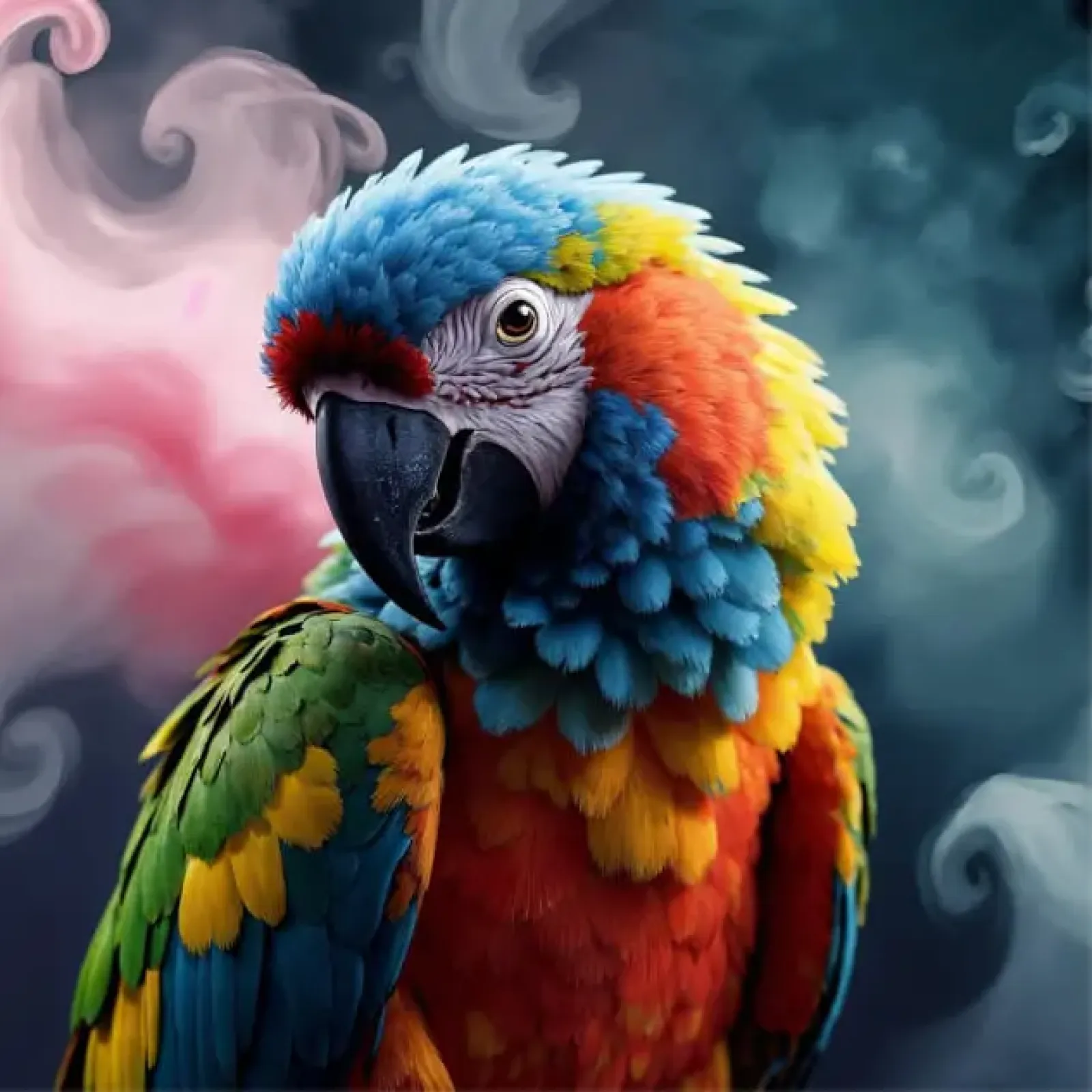                     Colorful macaw parrot portrait, dramatic lighting, dark smoky background, ultra detailed,